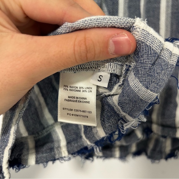 Cloth & Stone Anthropologie Blue Striped Fringe Linen Tank Top Blouse Size Small - Picture 5 of 8